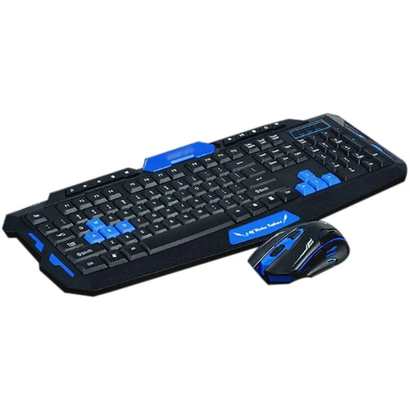 Black and blue wireless keyboard and mouse set with ergonomic design on desk
