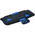 Black and blue wireless keyboard and mouse set with ergonomic design on desk