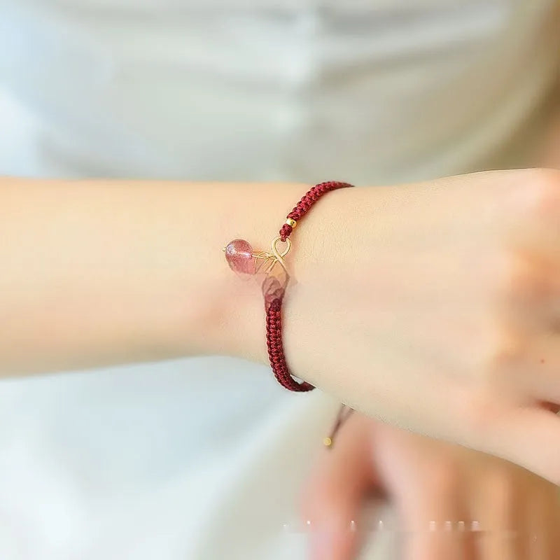 Natural strawberry quartz cherry bracelet for women with fruit-shaped crystal charm in three colour options
