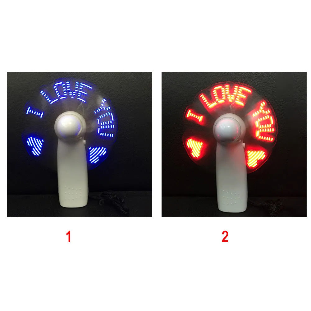 White handheld mini fan with LED flashing love pattern display