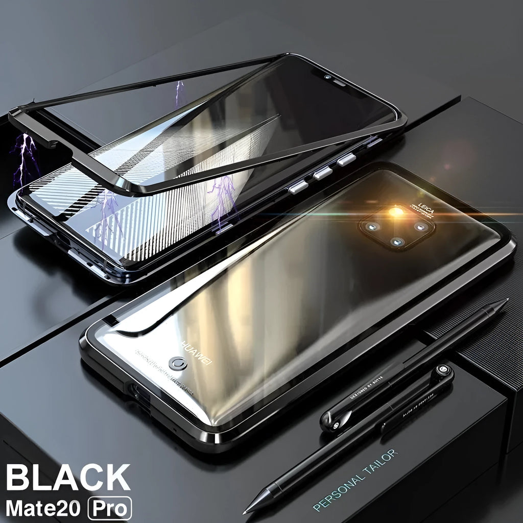 Black magnetic phone case with metal frame and clear tempered glass back for Huawei phone.