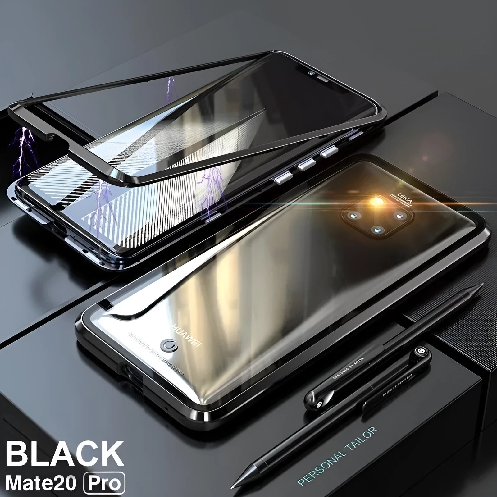 Black magnetic phone case with metal frame and clear tempered glass back for Huawei phone.