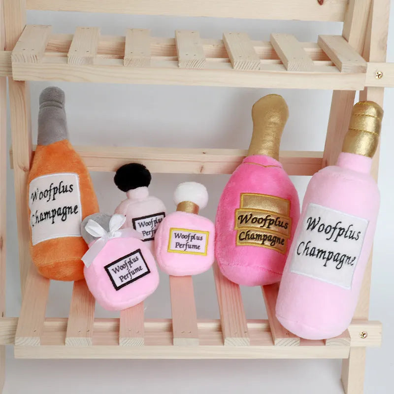 Soft plush wine bottle pet toy for cats and dogs in multiple colours.