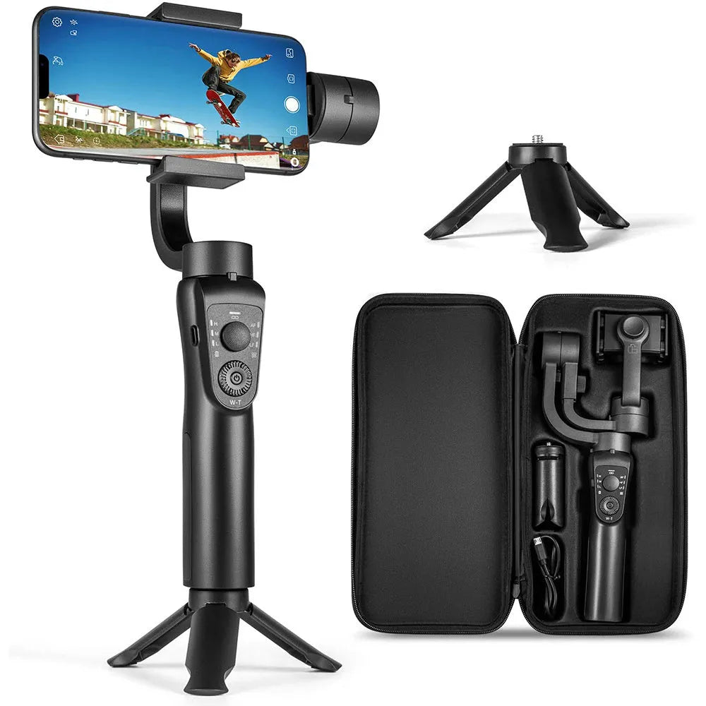 Black three-axis handheld gimbal stabilizer for mobile phones with extended battery and protective cases.