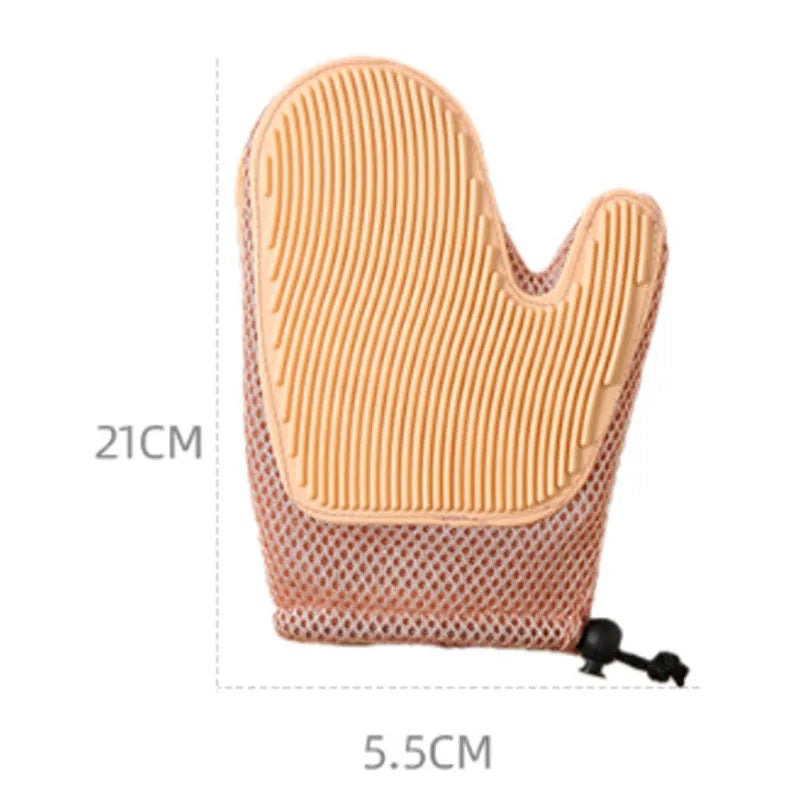 A dark blue pet hair removal glove with mesh fabric and TPR grips for grooming cats and dogs.