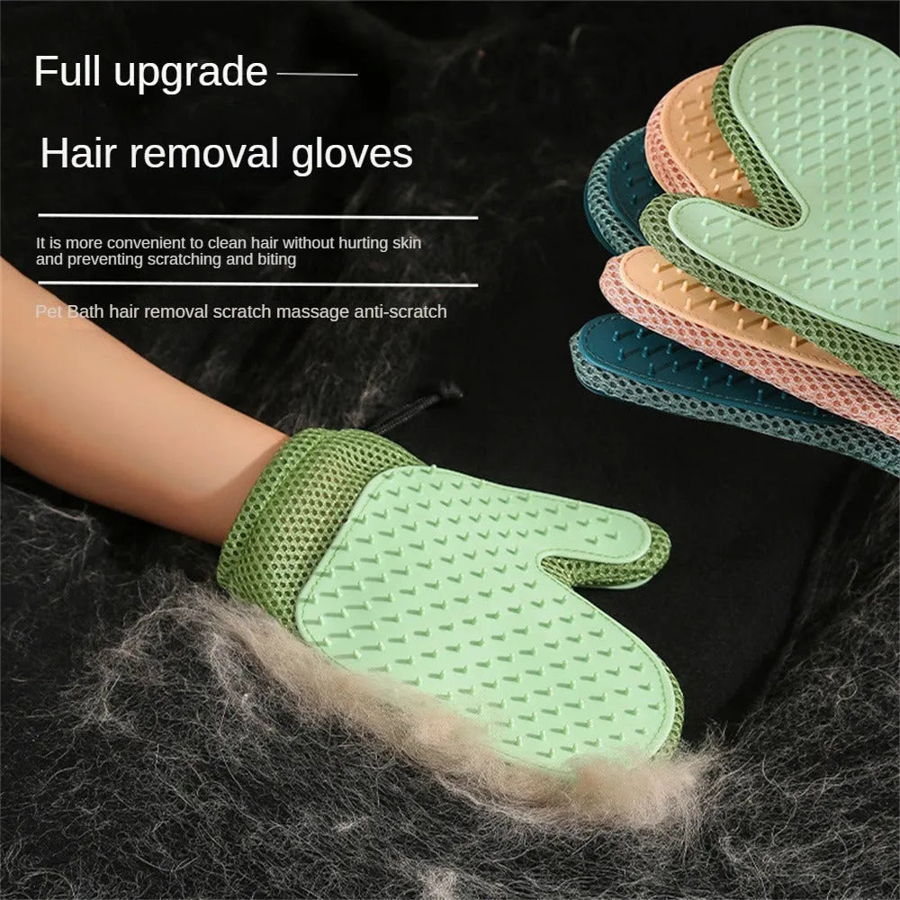 A dark blue pet hair removal glove with mesh fabric and TPR grips for grooming cats and dogs.