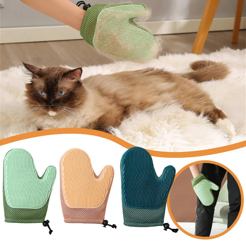 A dark blue pet hair removal glove with mesh fabric and TPR grips for grooming cats and dogs.
