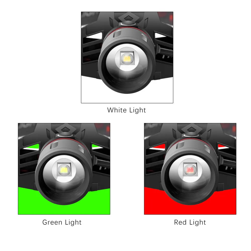 T6 LED zoom headlamp showing white, green, and red light colours on adjustable headband