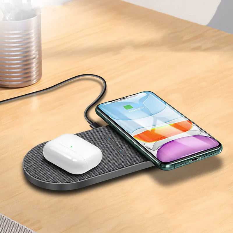 Black wireless charger with two charging pads for simultaneous device charging