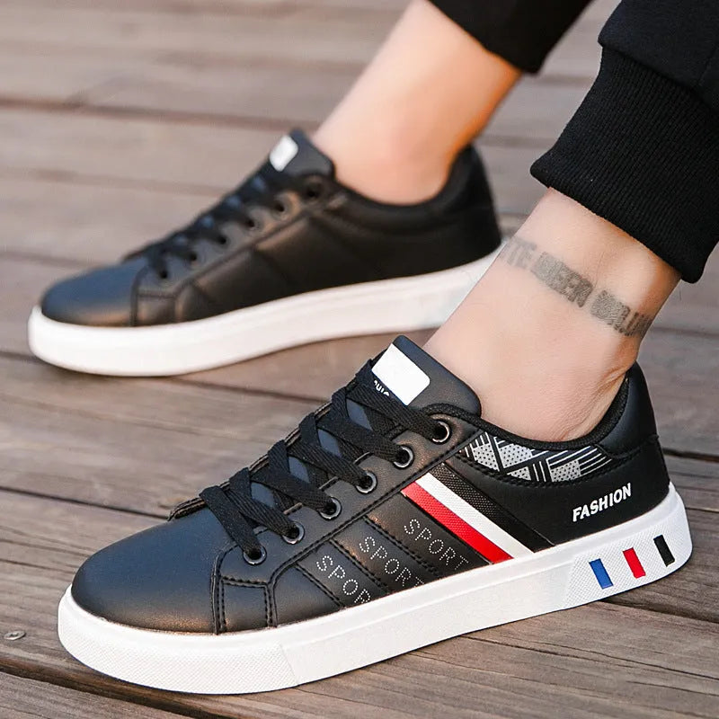 Men's black sports shoes showing size label with Asian-European conversion chart