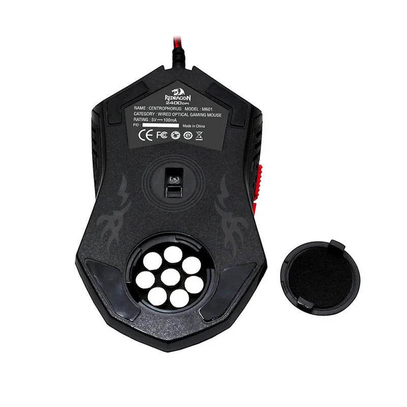 Black and red USB wired optical gaming mouse on a desk surface.