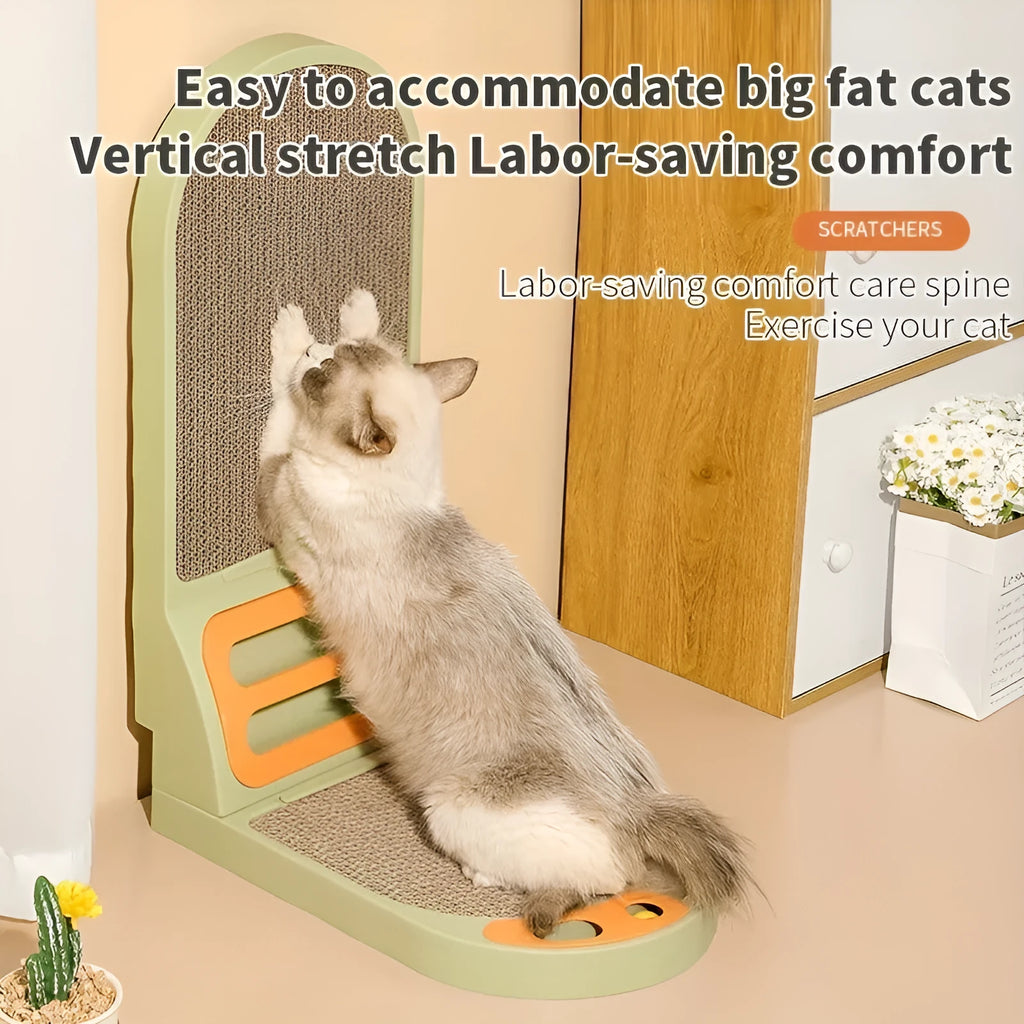 Grey L-shaped vertical cat scratching board with sisal fibre surface in a room corner.