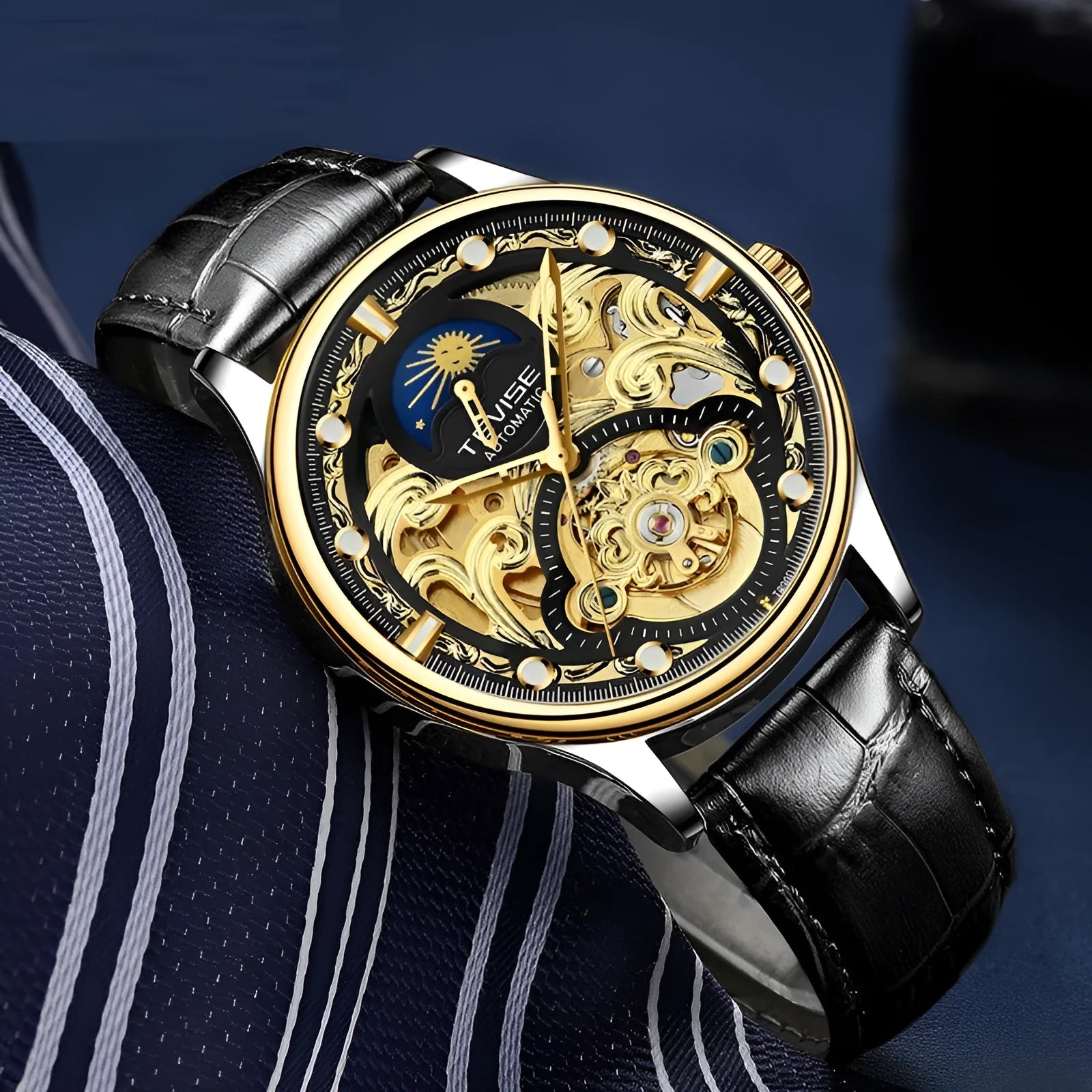 Men's gold leather strap automatic mechanical watch with waterproof case