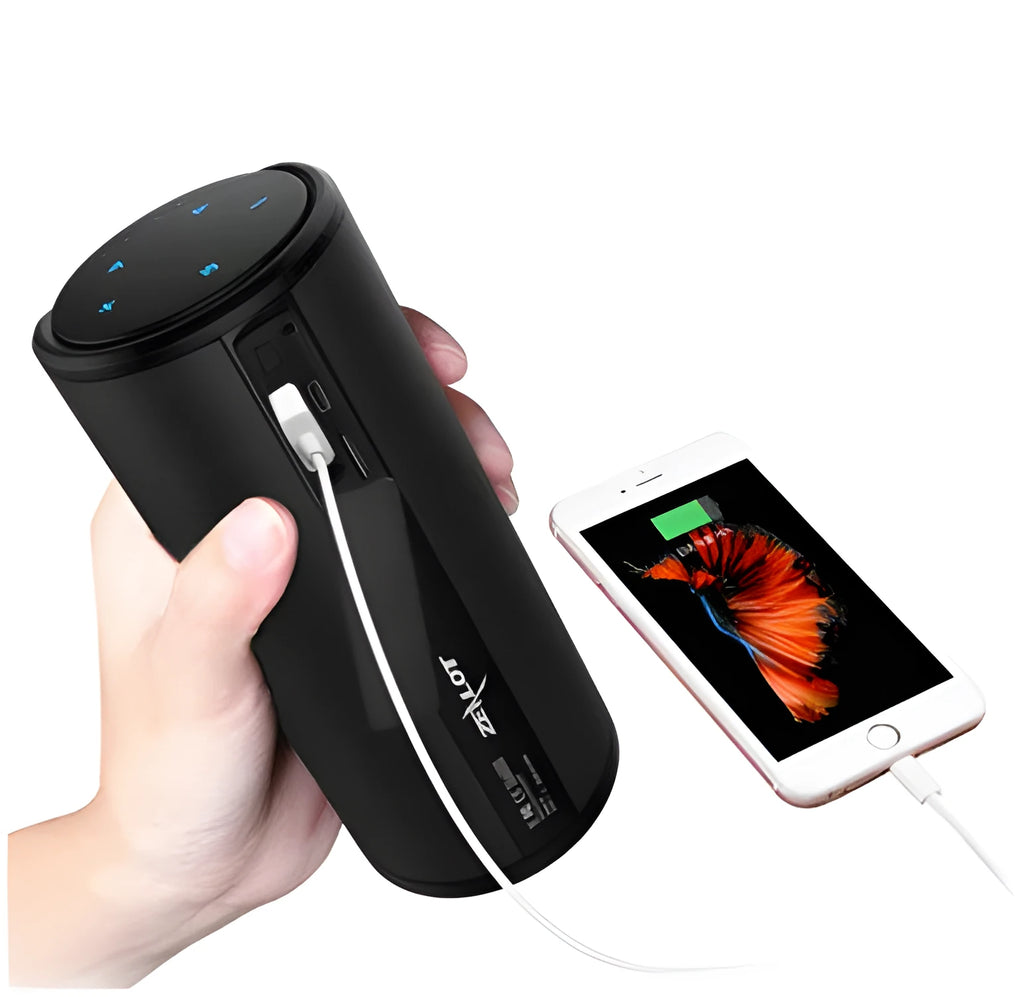 Black wireless Bluetooth speaker showing dimensions and call control buttons.