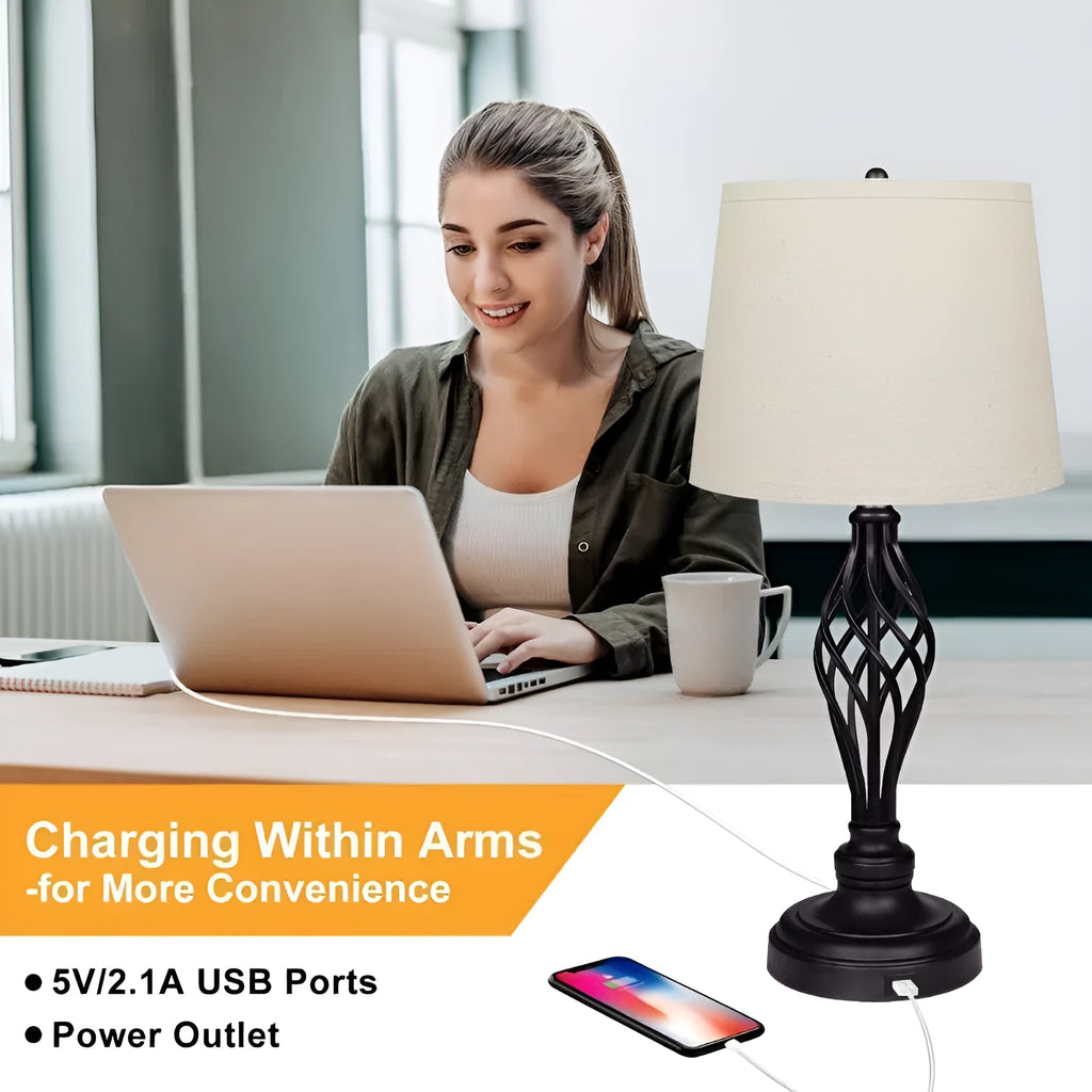 European style alloy bedside table lamp with touch sensor dimmer and USB charging port