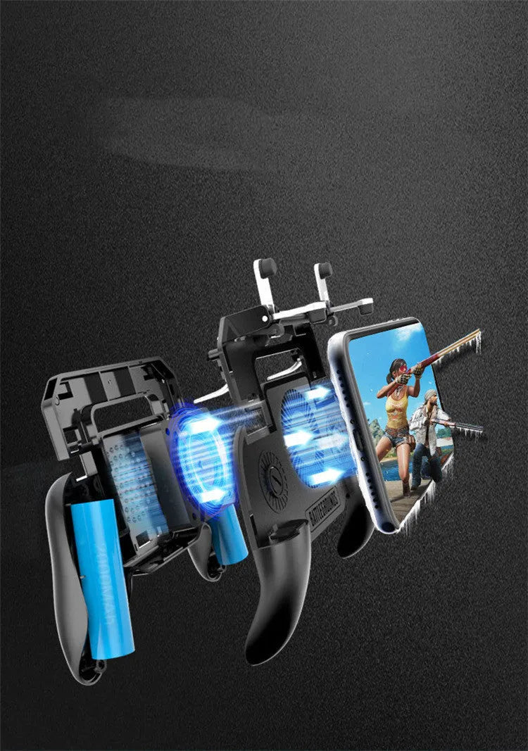 Black mobile game controller with USB cable, aluminium alloy trim, and labelled grip and shot buttons.