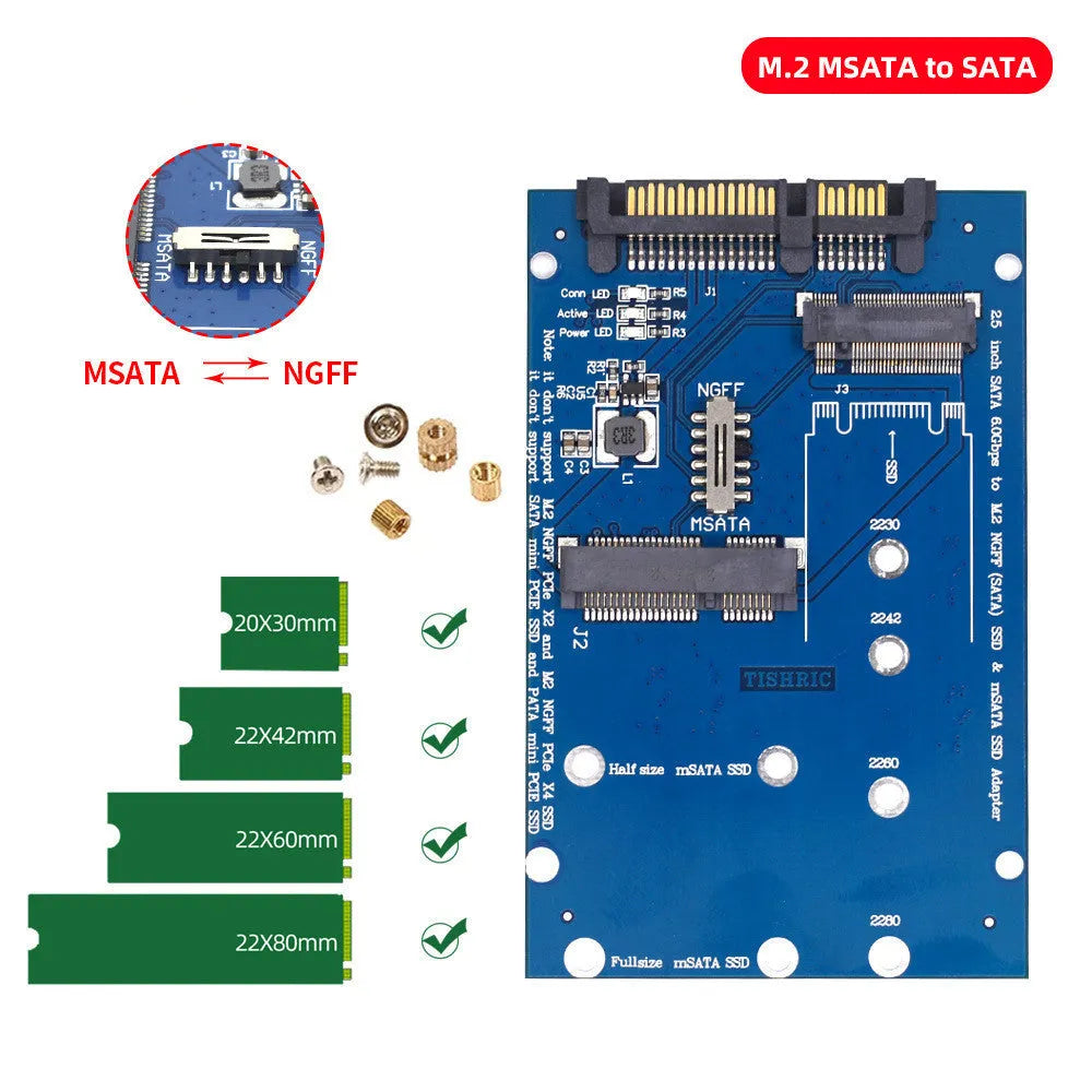 Black and blue SATA3 to M2 NGFF MSATA SSD conversion adapter board for laptop storage upgrades