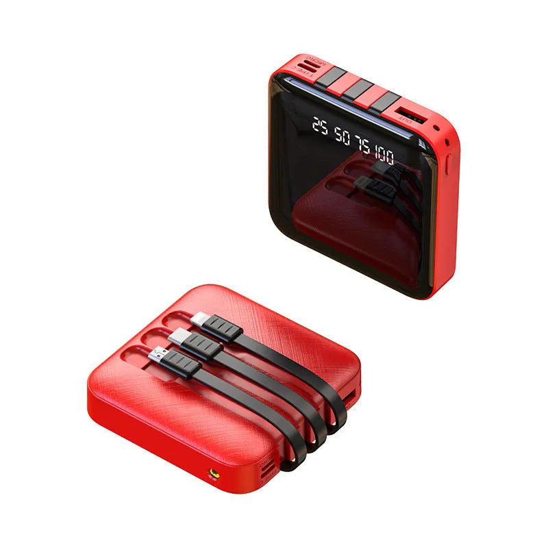 Square black and red power banks with a built-in charging cable, showing compact 80mm size.