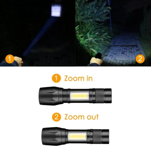 Black aluminium alloy mini telescopic LED torch with zoom focus and pocket clip