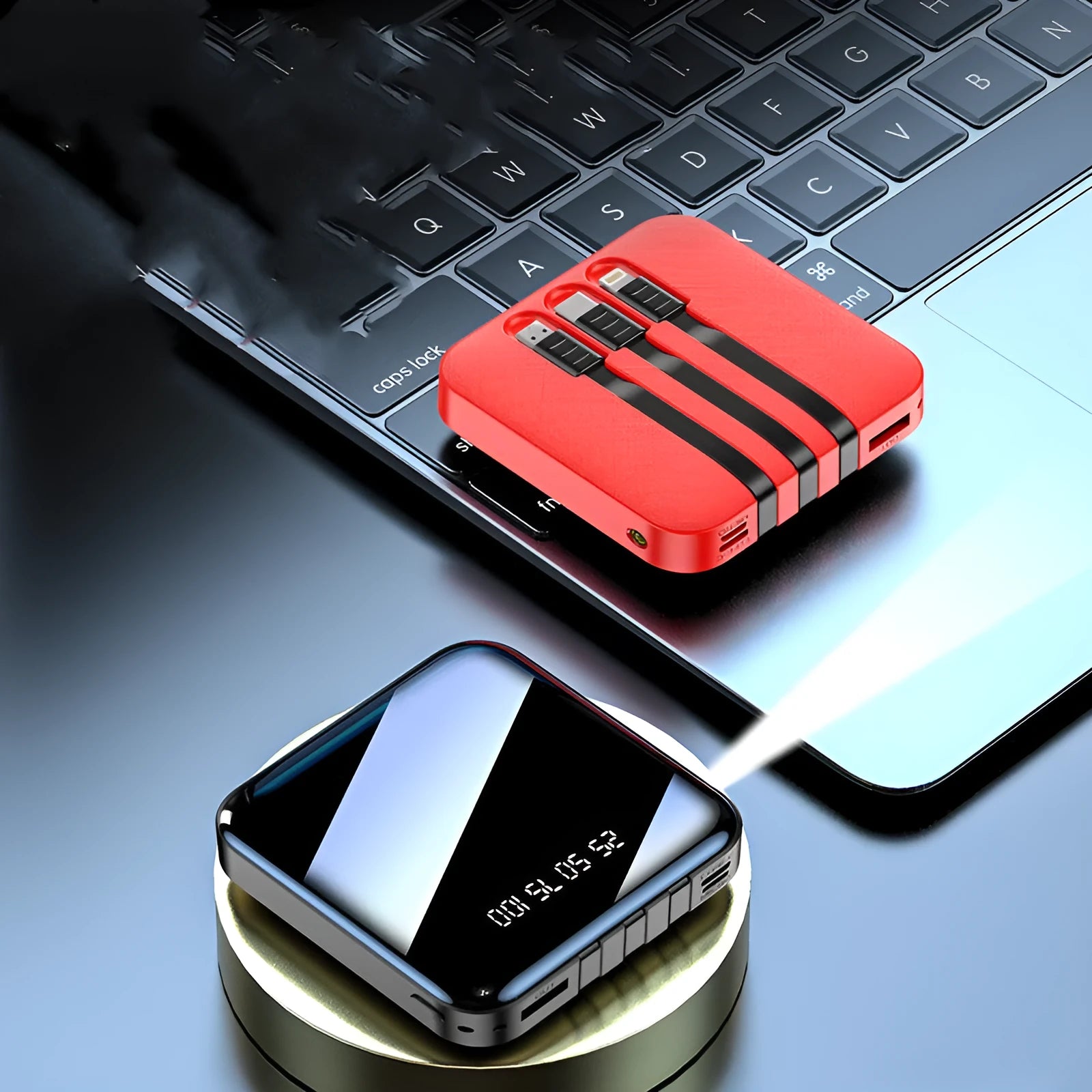 Square black and red power banks with a built-in charging cable, showing compact 80mm size.
