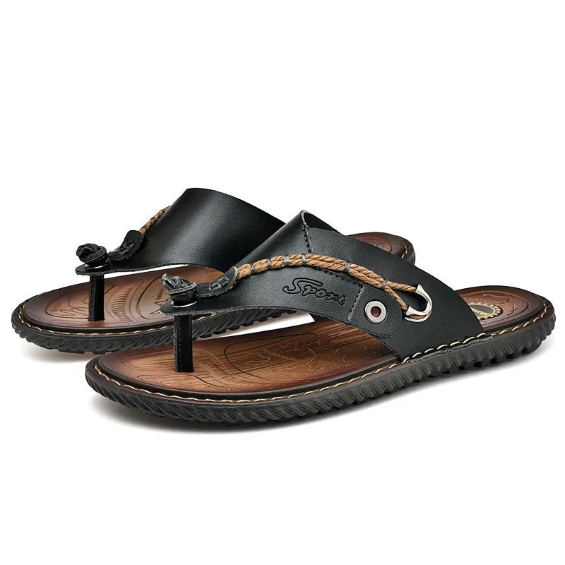 Men's black PU leather non-slip slippers on a plain background showing size and sole detail