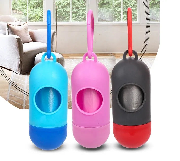 A pack of five rolled dog poop bags in a choice of colours on a white background.