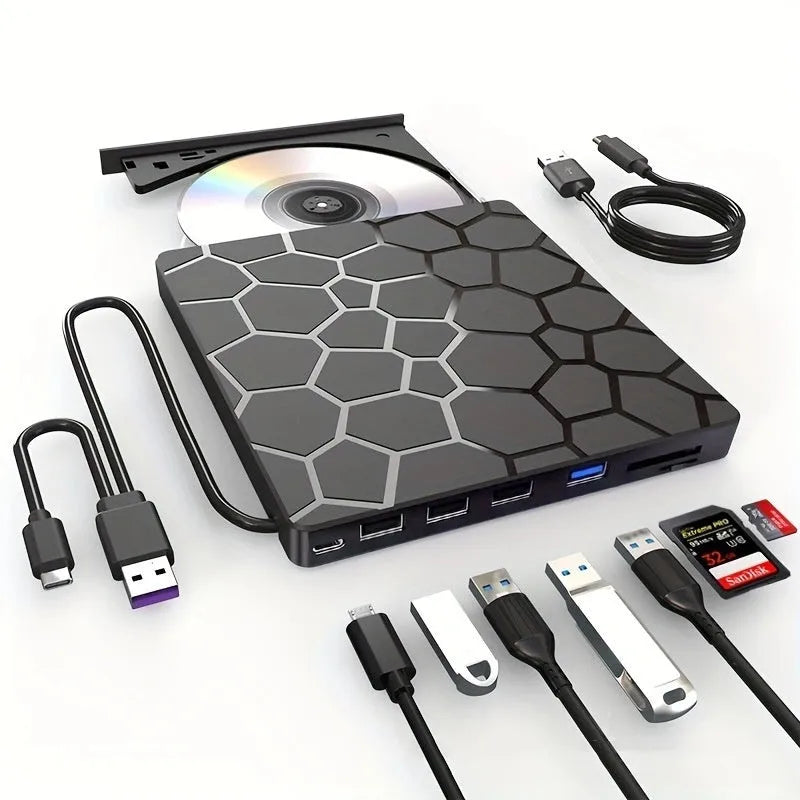 Black external USB CD DVD drive optical disc writer reader burner on a desk.
