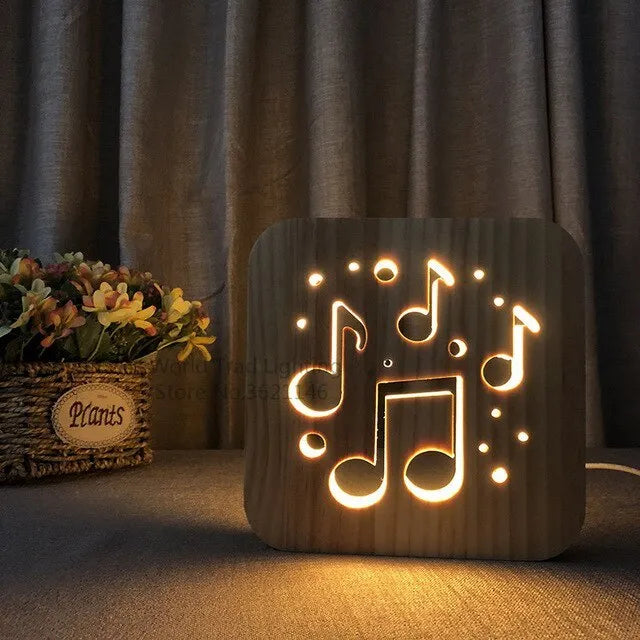 Pine wood LED atmosphere light with warm white glow, cubic 19cm design with USB cable connection