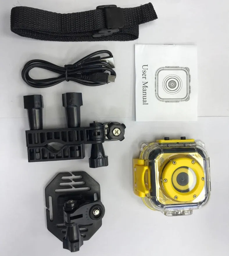 Yellow children's waterproof sports camera showing 1.77-inch LCD screen and compact 60mm design