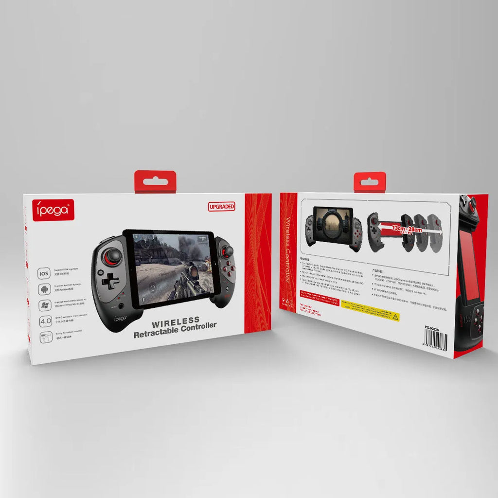 Red telescopic Bluetooth gamepad controller expanded to hold mobile device with USB cable