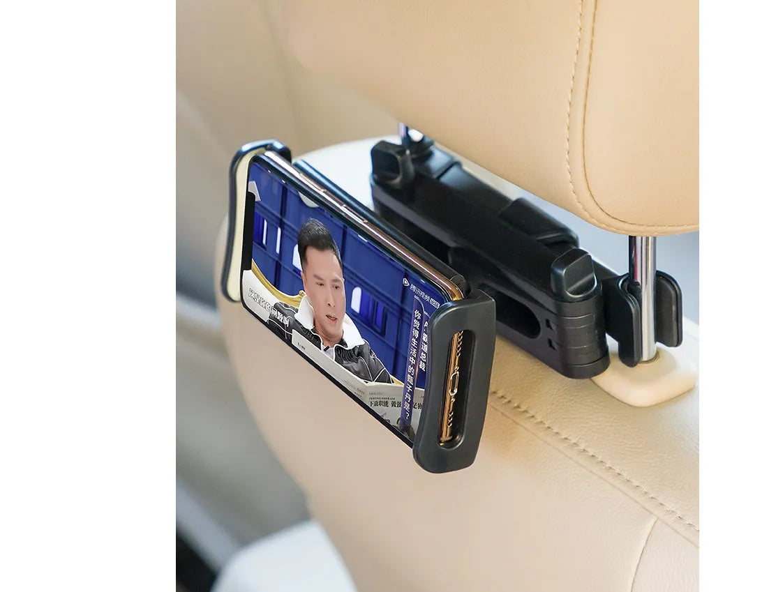 Black universal car phone and tablet holder with snap-in base for mounting on rear car seats.