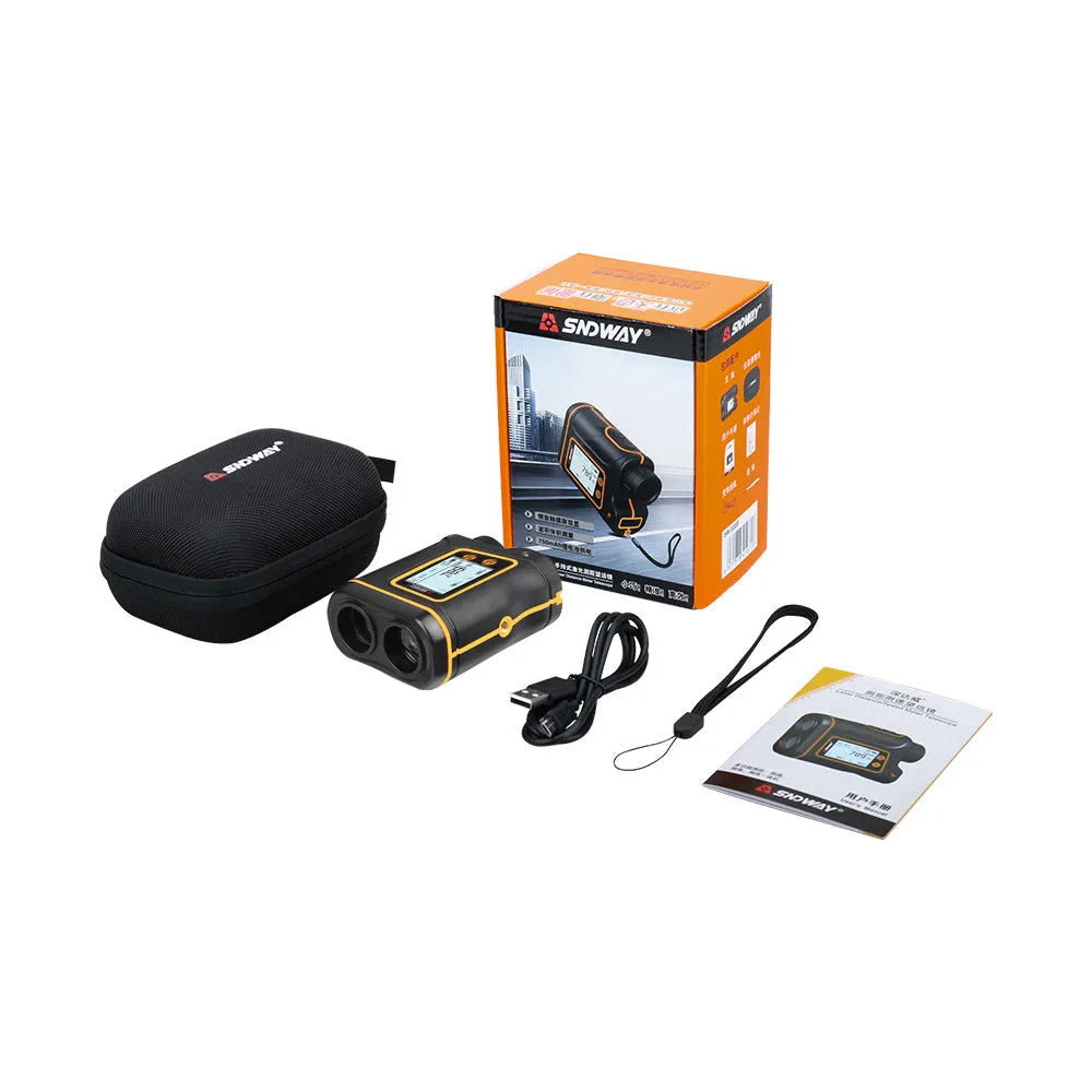 Handheld golf laser rangefinder showing compact 104x76.5x41mm design with distance measurement display