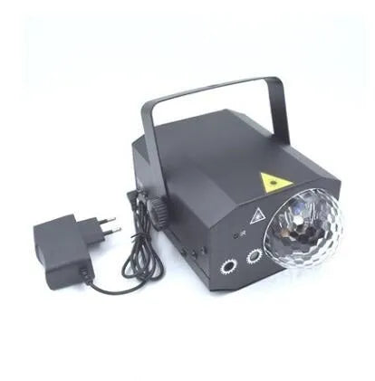 LED laser magic fan stage lighting equipment with dual projection effects in black housing