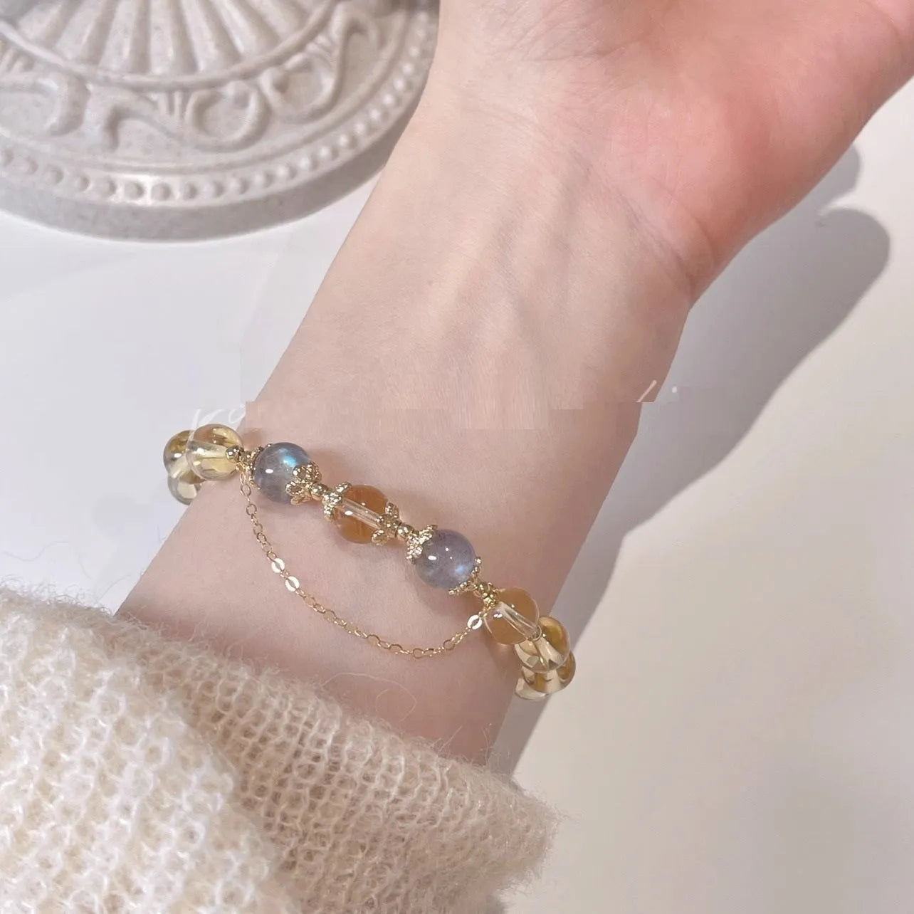 Citrine moonstone crystal bracelet with gold electroplated finish and diamond-shaped design