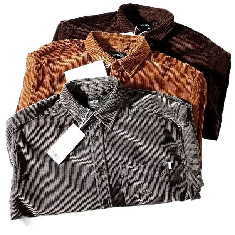 Caramel and grey loose fit corduroy shirt with Japanese Hong Kong style cardigan design for youth leisure wear