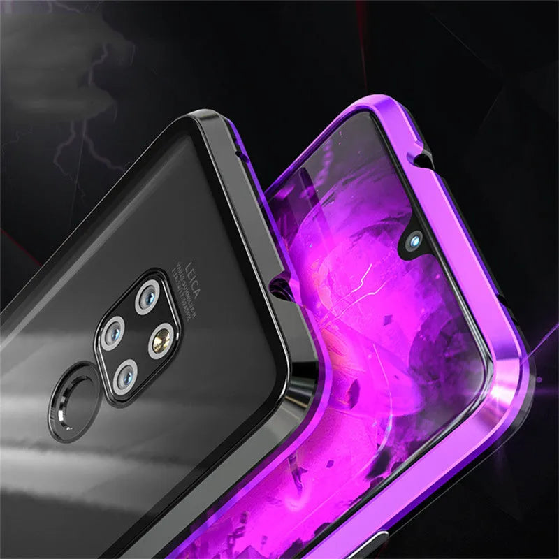 Black magnetic phone case with metal frame and clear tempered glass back for Huawei phone.