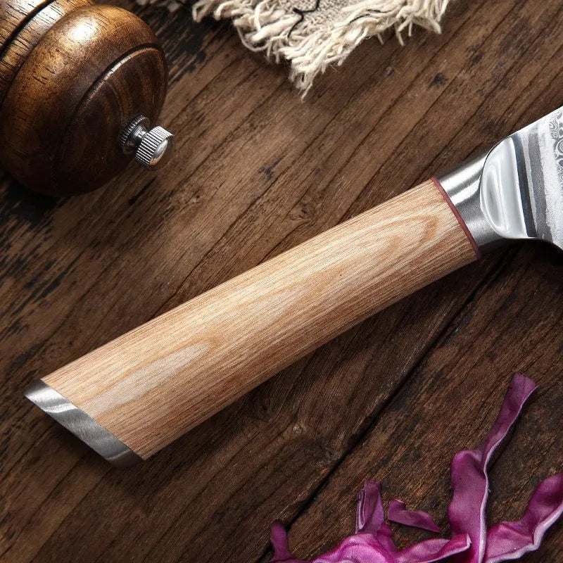 Damascus steel kitchen knife 8-piece set with V gold core and visible 67-layer patterning