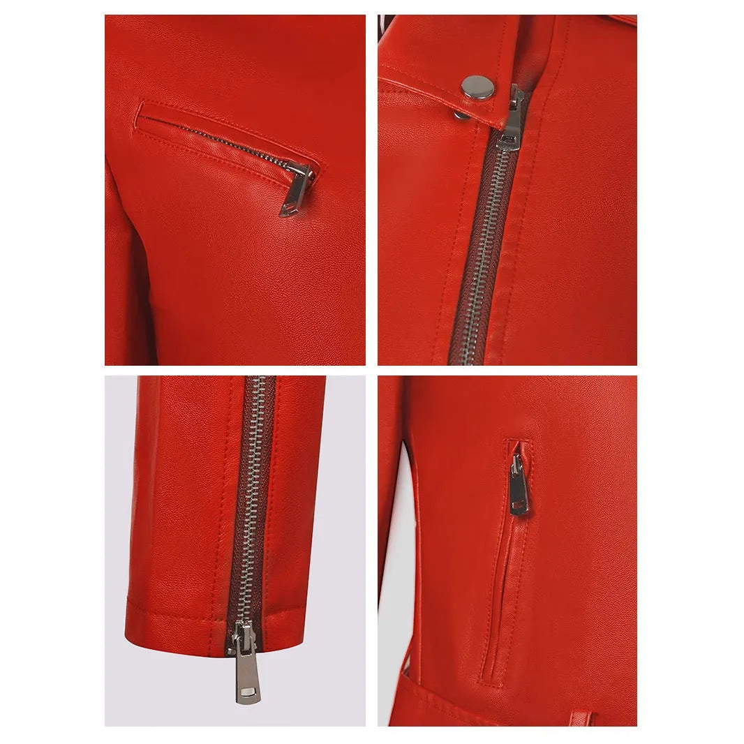 Women's red PU leather motorcycle jacket with a short lapel collar and an adjustable waist belt.