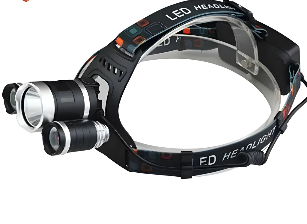 Aluminium alloy rechargeable LED headlamp with adjustable strap and 360-degree rotating head.