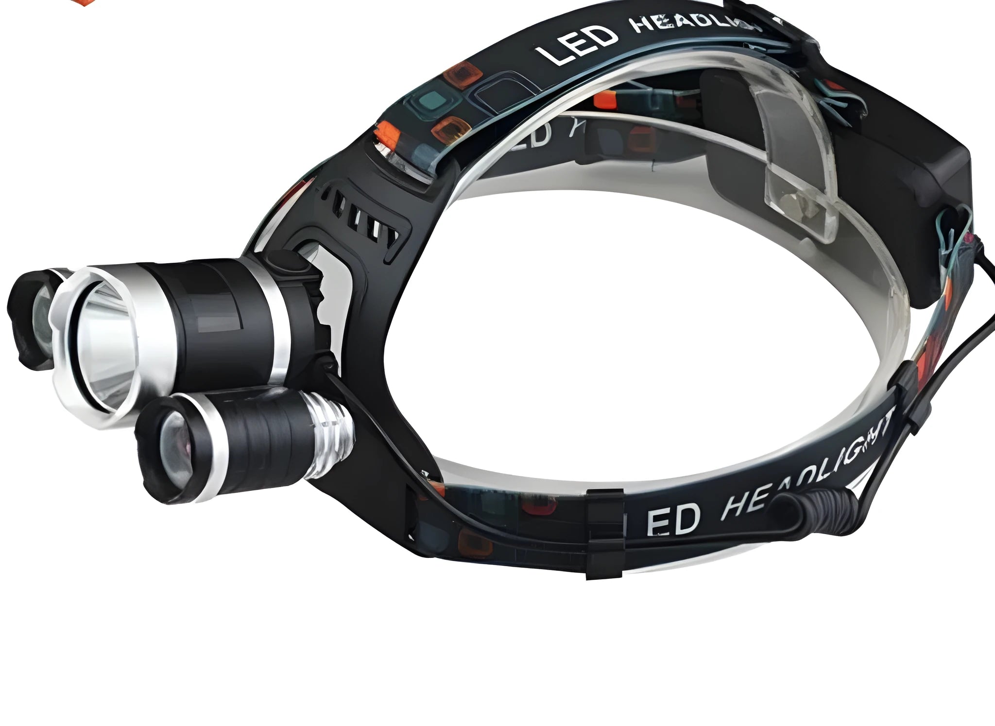 Aluminium alloy rechargeable LED headlamp with adjustable strap and 360-degree rotating head.