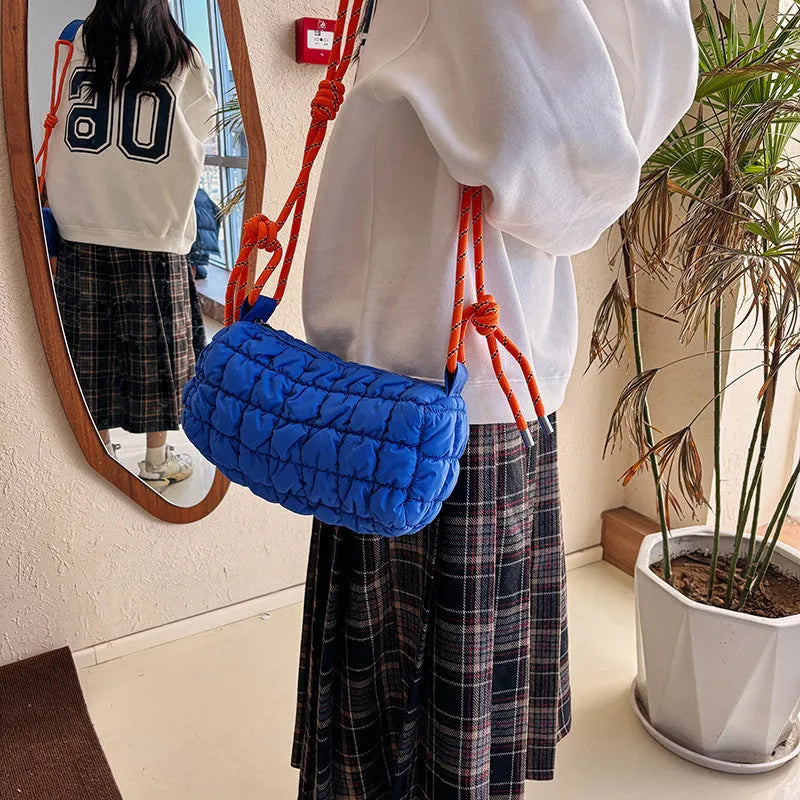 Women's lightweight nylon messenger bag in pillow shape with rhombus pattern and adjustable crossbody strap