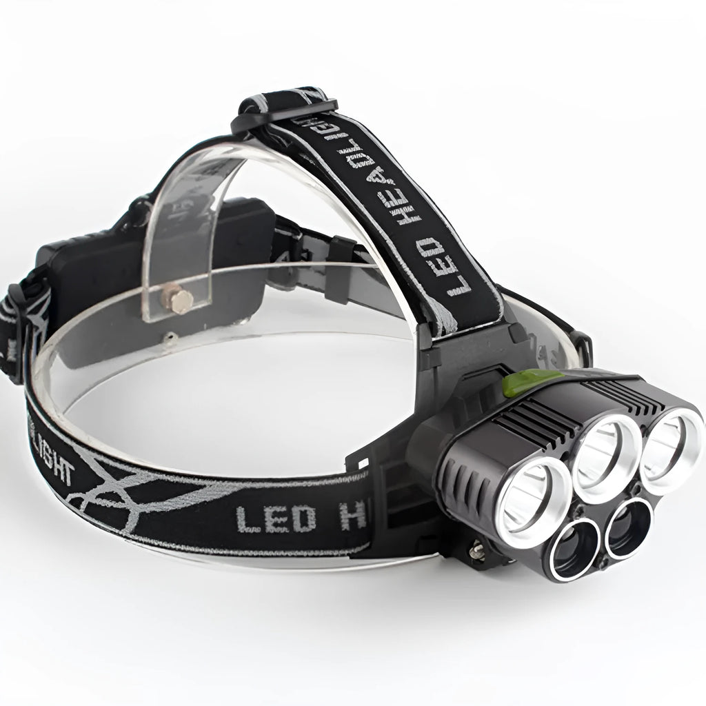 Head-mounted LED camping light with waterproof construction showing 300-500 metre beam distance