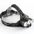 Head-mounted LED camping light with waterproof construction showing 300-500 metre beam distance