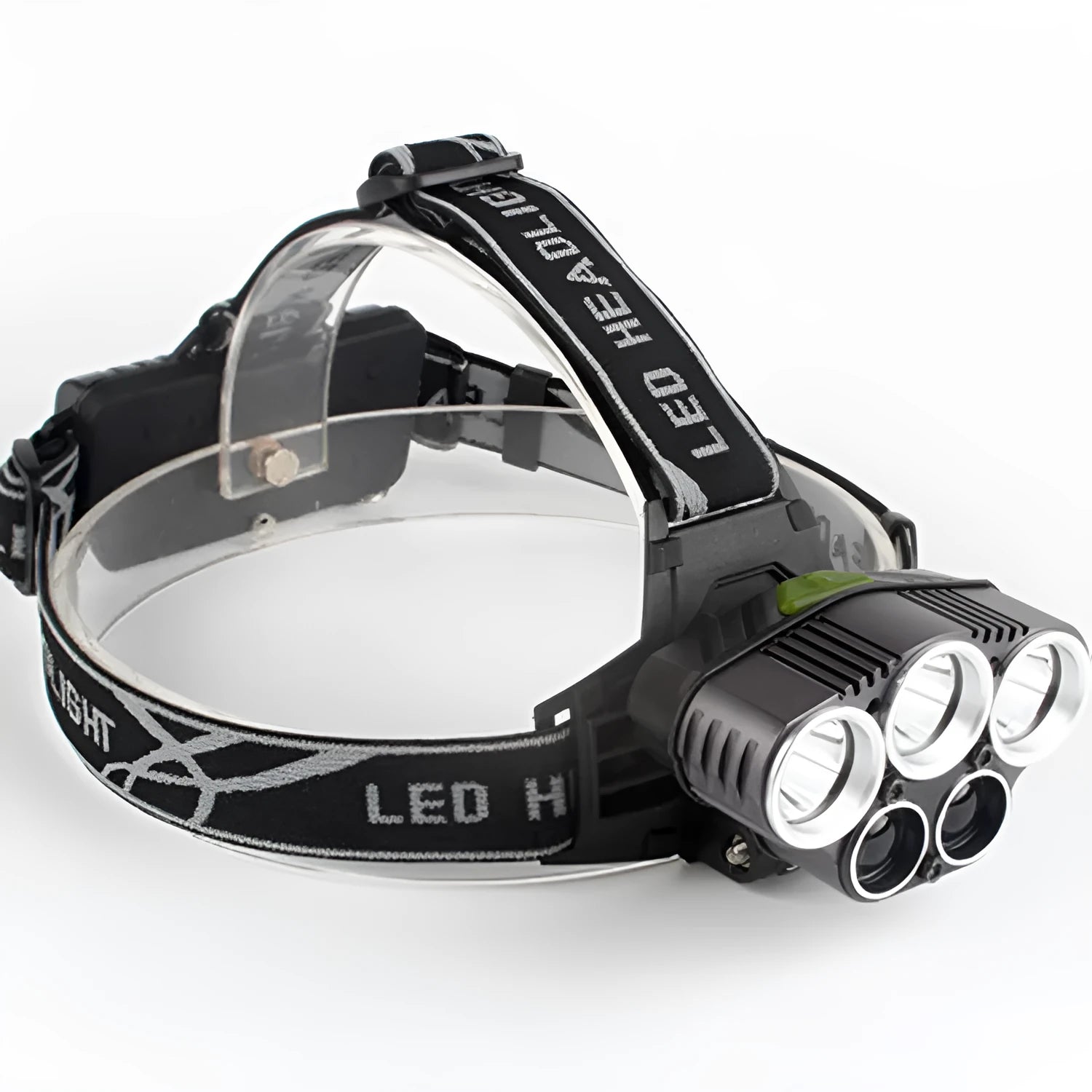 Head-mounted LED camping light with waterproof construction showing 300-500 metre beam distance