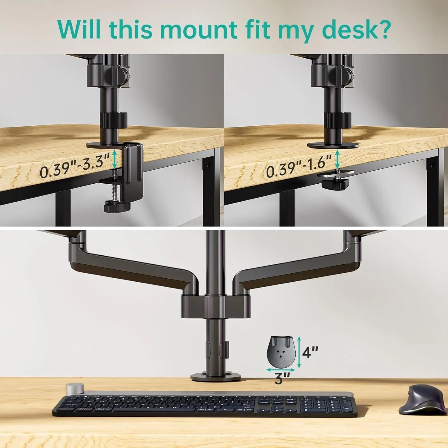 Black three-arm gas spring computer monitor arm for screens up to 27 inches
