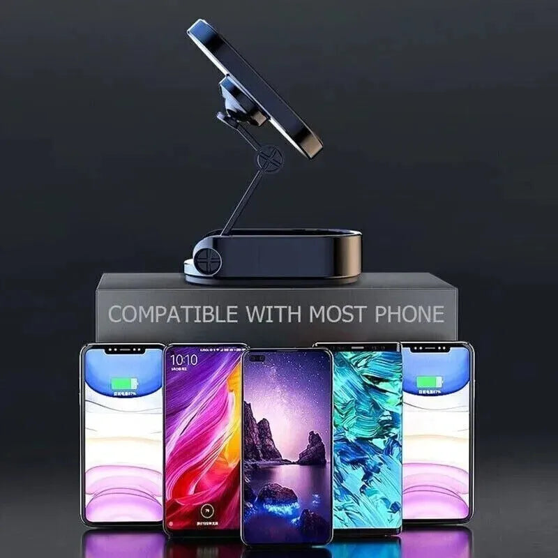 Chrome magnetic car phone holder with folding bracket and 360-degree swivel rotation