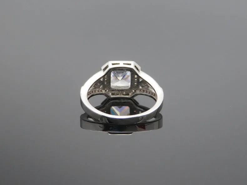 Geometric hollow zircon ring in platinum finish, quadrilateral design, women's jewellery