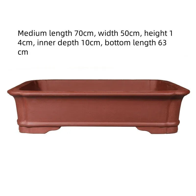 Large rectangular purple clay flower pot with handmade texture, shown in three available sizes