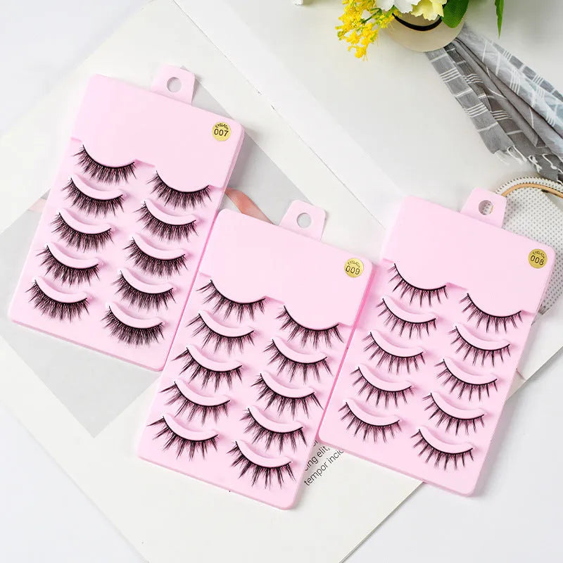 Five pairs of manga style false eyelashes with natural wispy design for anime cosplay and Korean makeup applications