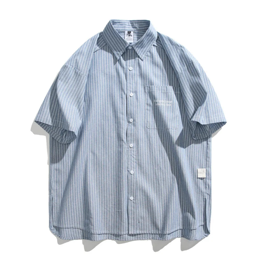 Blue and white striped short-sleeved cardigan-style shirt on a hanger